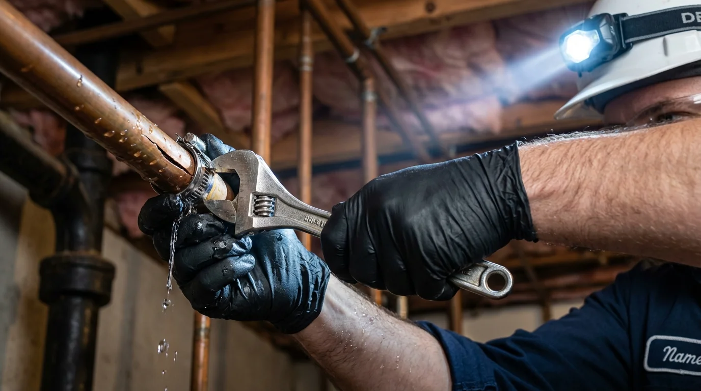 Emergency pipe clamp repair being performed by a Johns Plumbing LLC plumber in Buckeystown