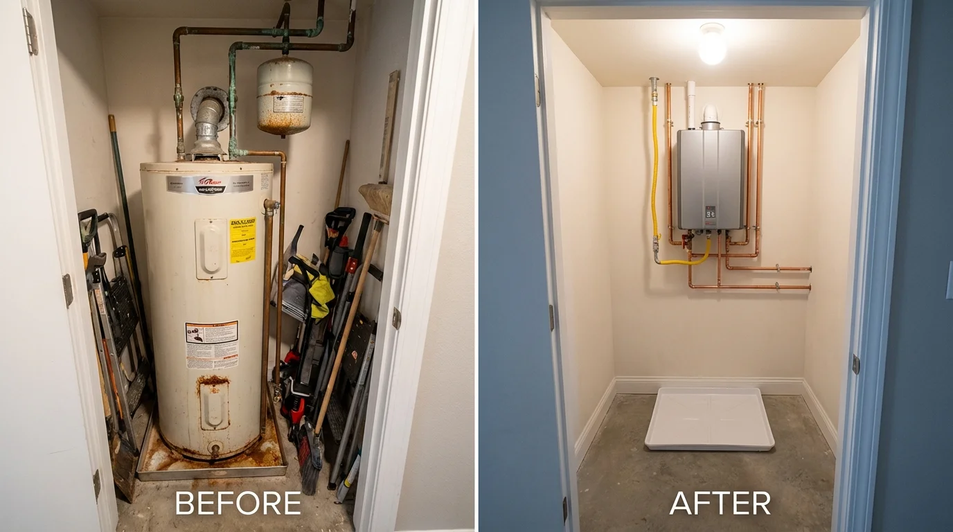 Tank water heater versus wall-mounted tankless unit comparison for Buckeystown, MD homeowners