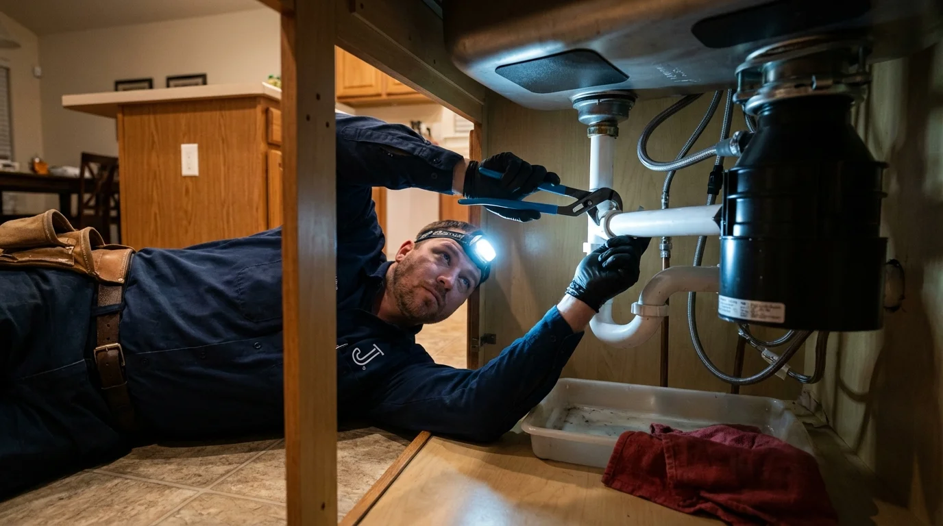 P-trap and supply line connections under a kitchen sink showing a common leak point in Buckeystown, MD